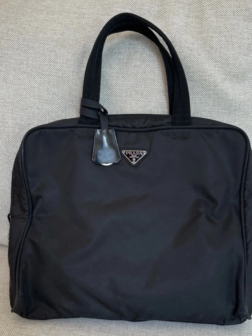 UNISEX PRADA Black Nylon Tote Bag with Silver Hardware Zipper and Padlock.